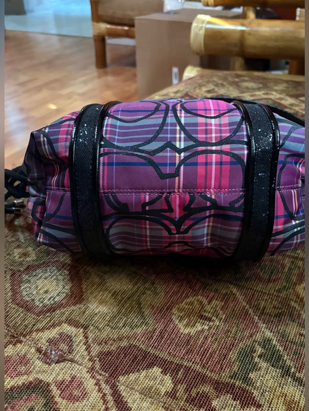 Coach Poppy Pink Plaid Tote Bag with Black Trim 2 Charms Included Like New - Picture 7 of 9
